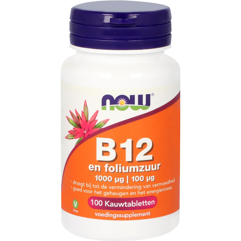 NOW B12 1000 mcg en foliumzuur 100 mcg - 100 kauwtabletten